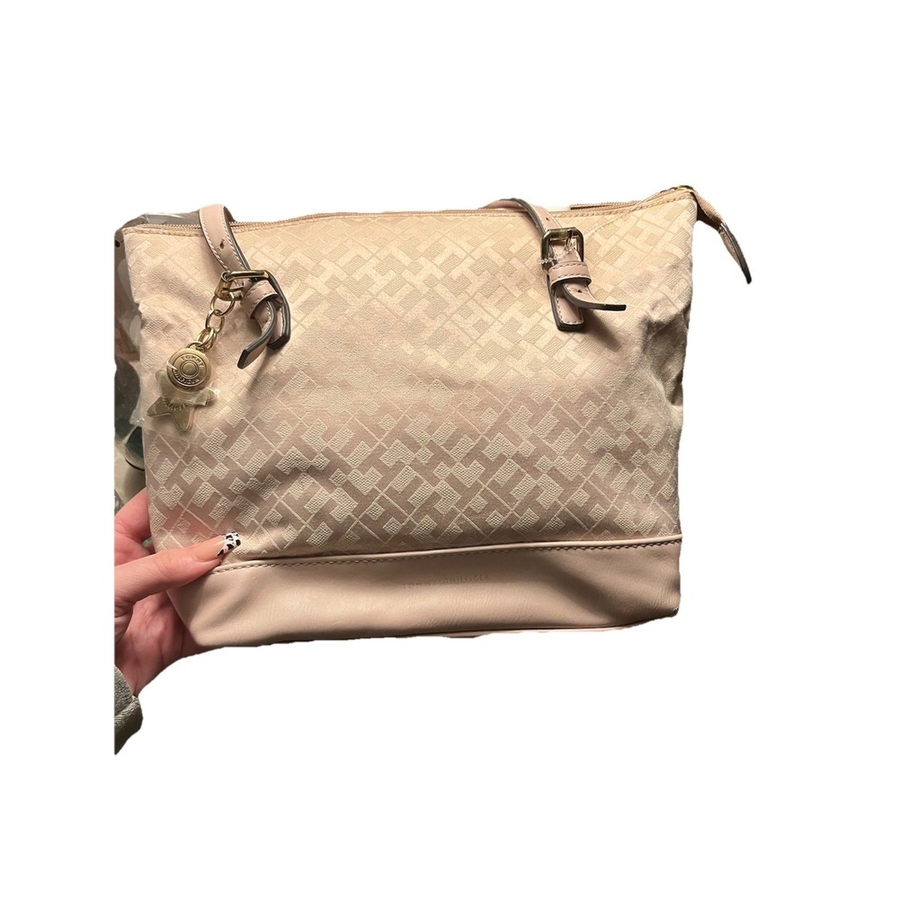 Tommy Hilfiger Pink Monogram Tote Bag Pink Trim Zip Top Shoulder Purse. Charms.